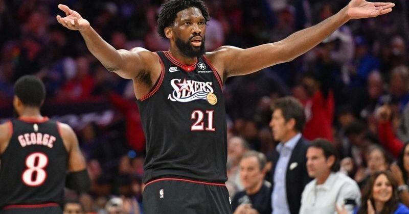 Photo: cumberlink.com Apr 26, 2026; Philadelphia, Pennsylvania, USA; Philadelphia 76ers center Joel Embiid (21) encourages the crowd against the
