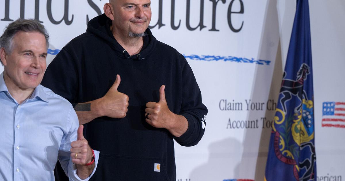 Pennsylvania's U.S. Senators Dave McCormick, left, and John Fetterman appear together on June 29, 2026, to promote the savings accounts for kids that were a signature piece of President Donald Trump's Big Beautiful Bill.