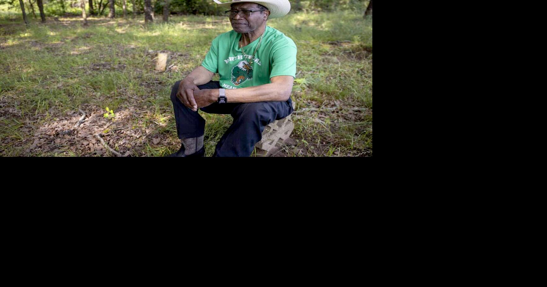 Activist Willie Hudspeth reflects at St. John's Cemetery on Saturday, May 9, 2026 in Denton, Texas.“ I'm just sitting here on this stone and just looking out here reflecting of the people that had no voice.