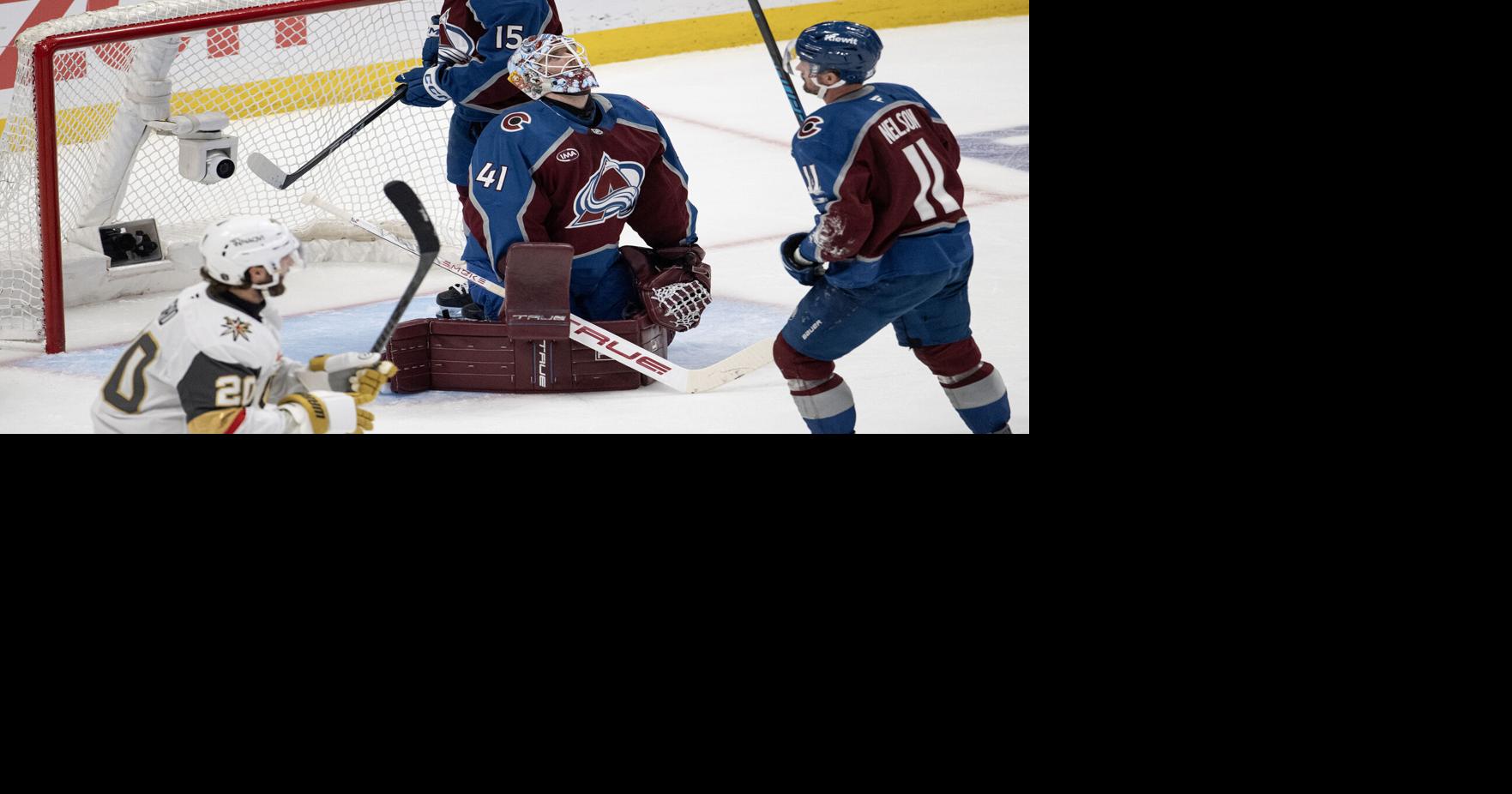 Colorado Avalanche goaltender Scott Wedgewood reacts after conceding a goal to the Vegas Golden Knights' Dylan Coghlan, not pictured, during the second period of Game 1 of the Western Conference final at Ball Arena on Wednesday, May 20, 2026, in Denver.