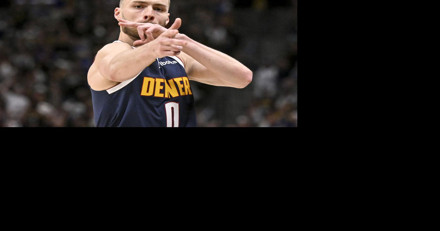 Christian Braun of the Denver Nuggets celebrates making a 3- pointer against the Minnesota Timberwolves during the fourth quarter of the Nuggets' 125-113 win in Game 5 of their first-round playoff series on April 27, 2026.