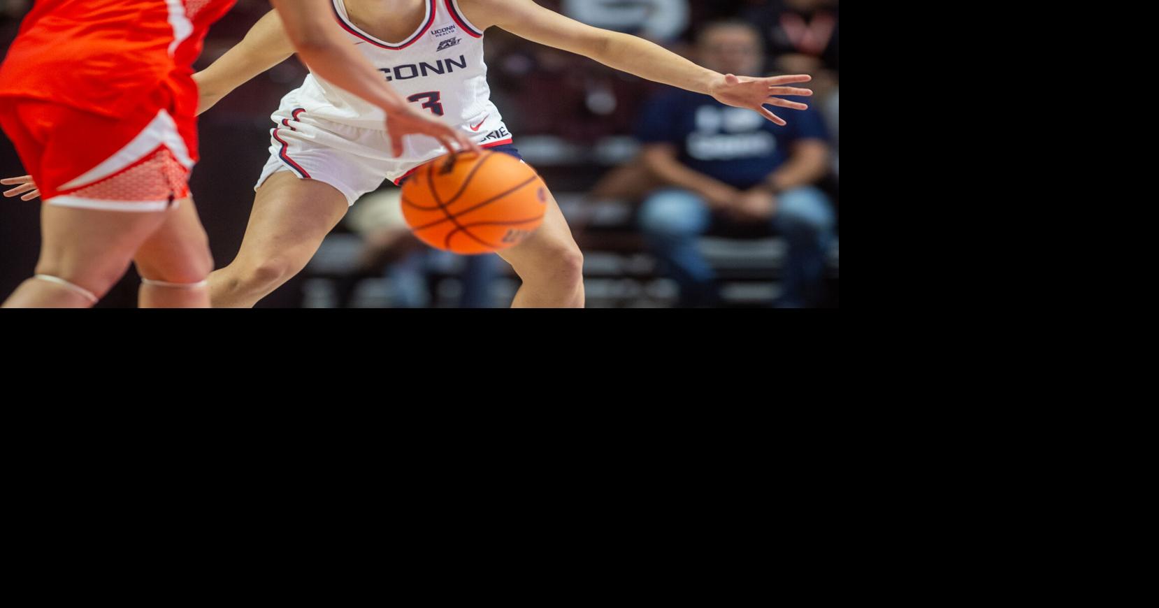 UConn’ s Jovana Popovic defends against Syracuse’ s Angelica Velez during the first half of the 2026 Hall of Fame Series preseason exhibition at Mohegan Sun Arena in Uncasville on Monday, Oct. 12, 2026.