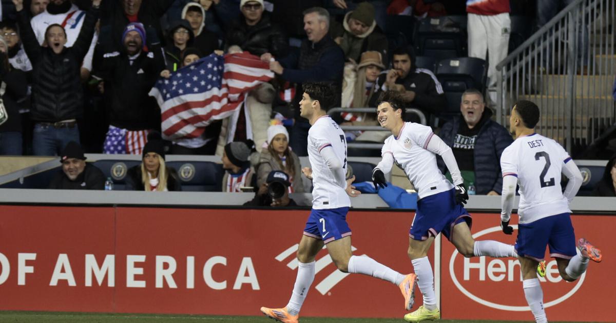 The United States' Gio Reyna, left, celebrates with teammates after scoring against Paraguay in an international friendly at Subaru Park in November 2025 in Chester, Pennsylvania.