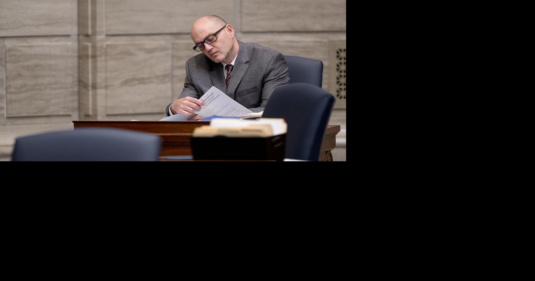 Denny Hoskins reads a proposed bill during session on Feb. 21, 2024, in Jefferson City, Missouri.