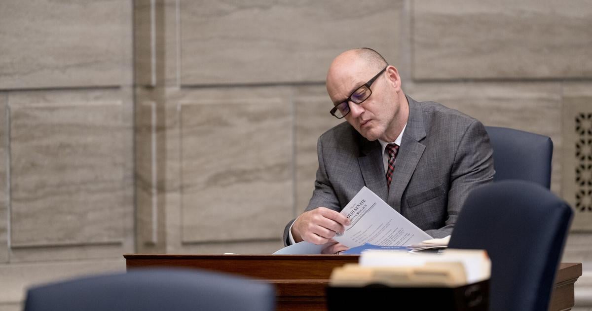 Denny Hoskins reads a proposed bill during session on Feb. 21, 2024, in Jefferson City, Missouri.