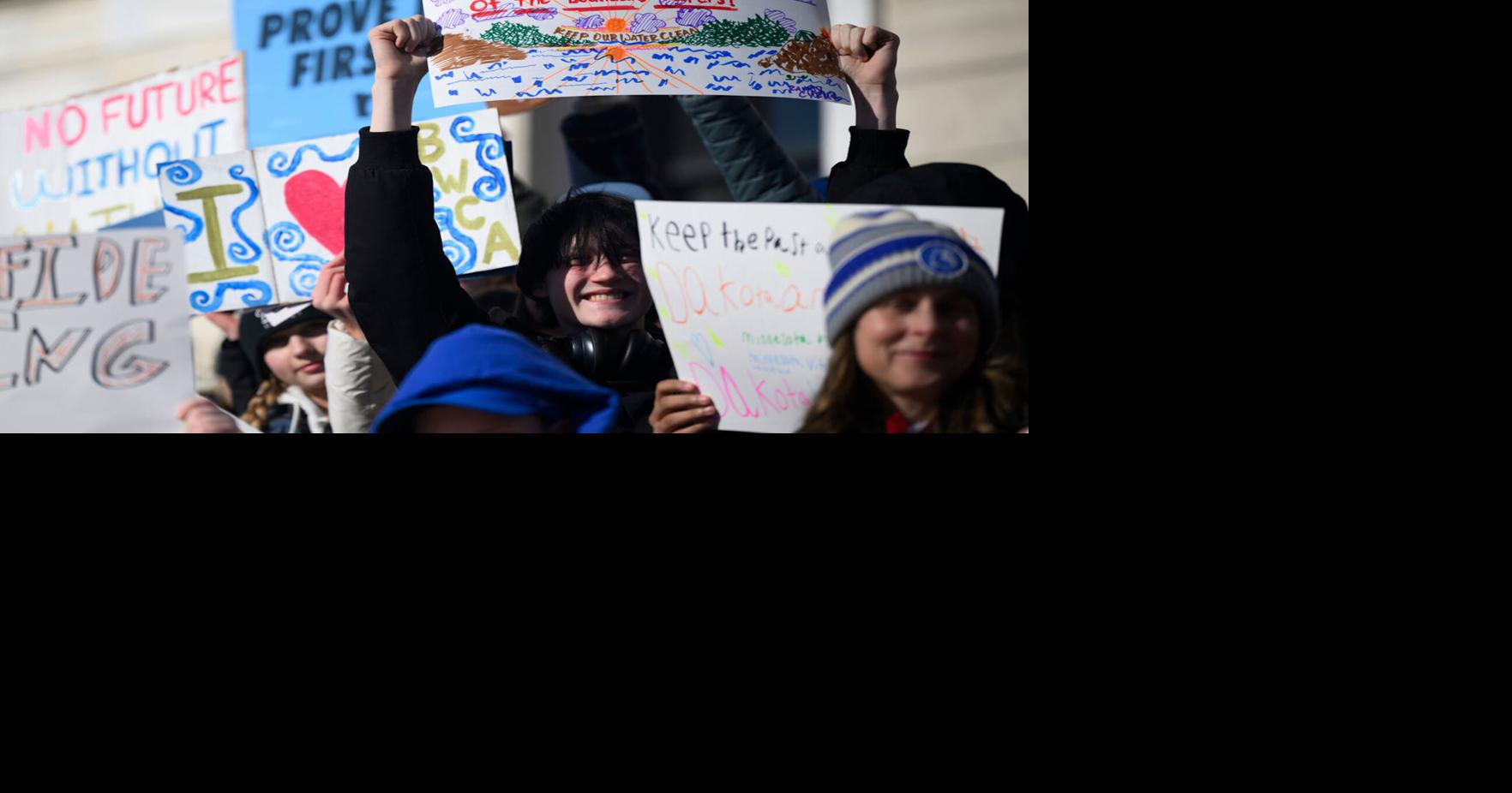 Students prostest mining near the Boundary Waters on the steps of the State Capitol in St. Paul, Minn., in January 2025.