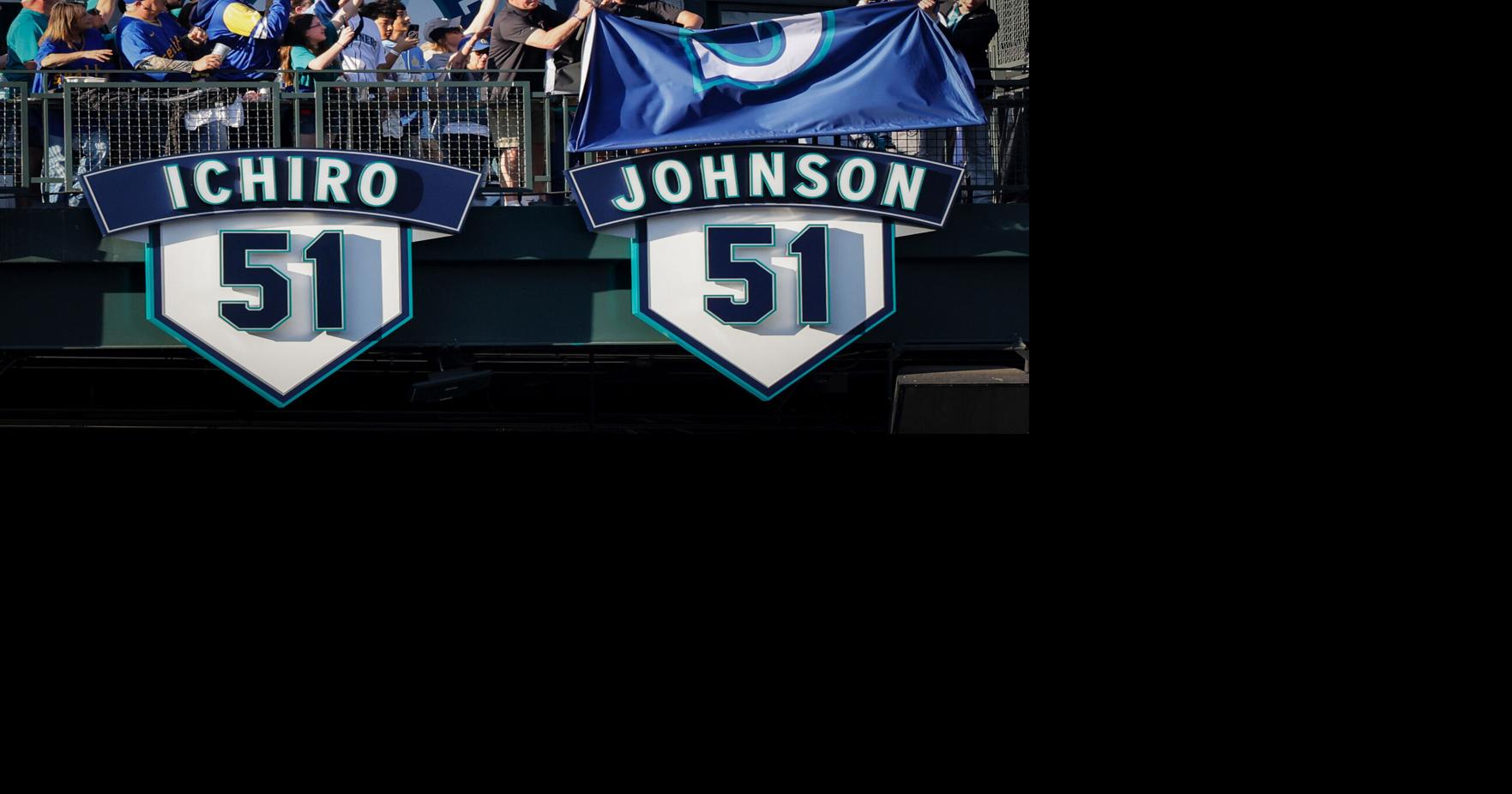 Fans cheer as former Seattle Mariners pitcher and Hall of Famer Randy Johnson’ s number is retired alongside Ichiro Suzuki’ s 51, retired last season, on Saturday, May 2, 2026 in Seattle.