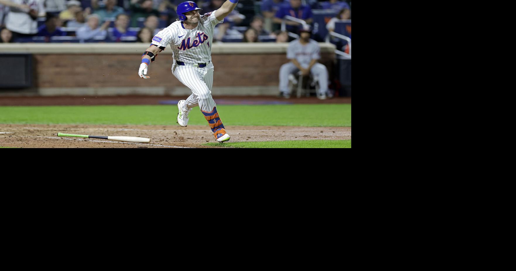 Jeff McNeil of the New York Mets reacts after hitting a walk-off single during the 10th inning against the Washington Nationals at Citi Field on Tuesday, June 10, 2025, in New York.