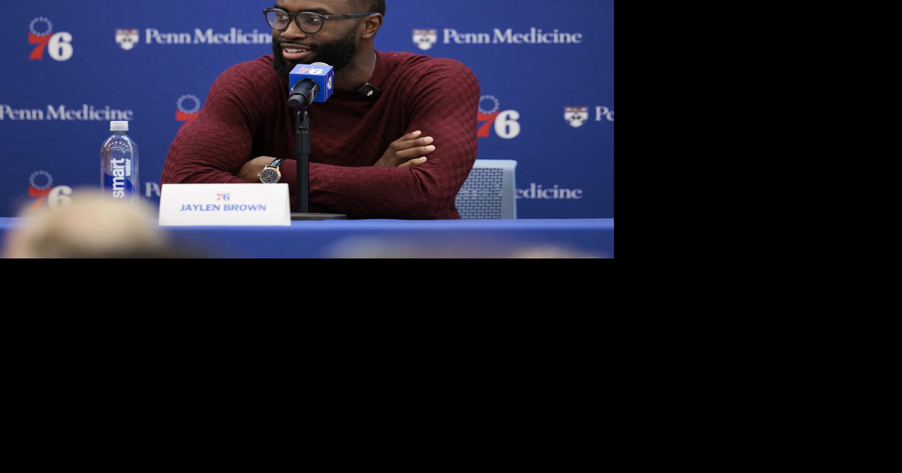 New Philadelphia 76 ers forward Jaylen Brown speaks during his introductory news conference at the Francis Myers Recreation Center on Aug. 6, 2026, in Philadelphia.