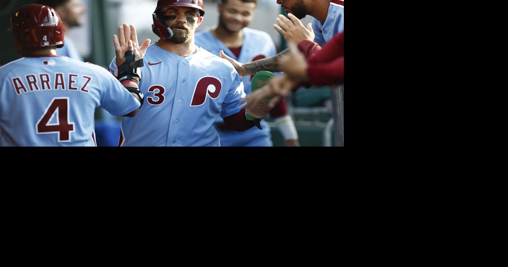 The Philadelphia Phillies' Bryce Harper, middle, celebrates his first-inning run with teammates, including Luis Arraez against the Washington Nationals at Citizens Bank Park on Thursday, Aug. 6, 2026, in Philadelphia.