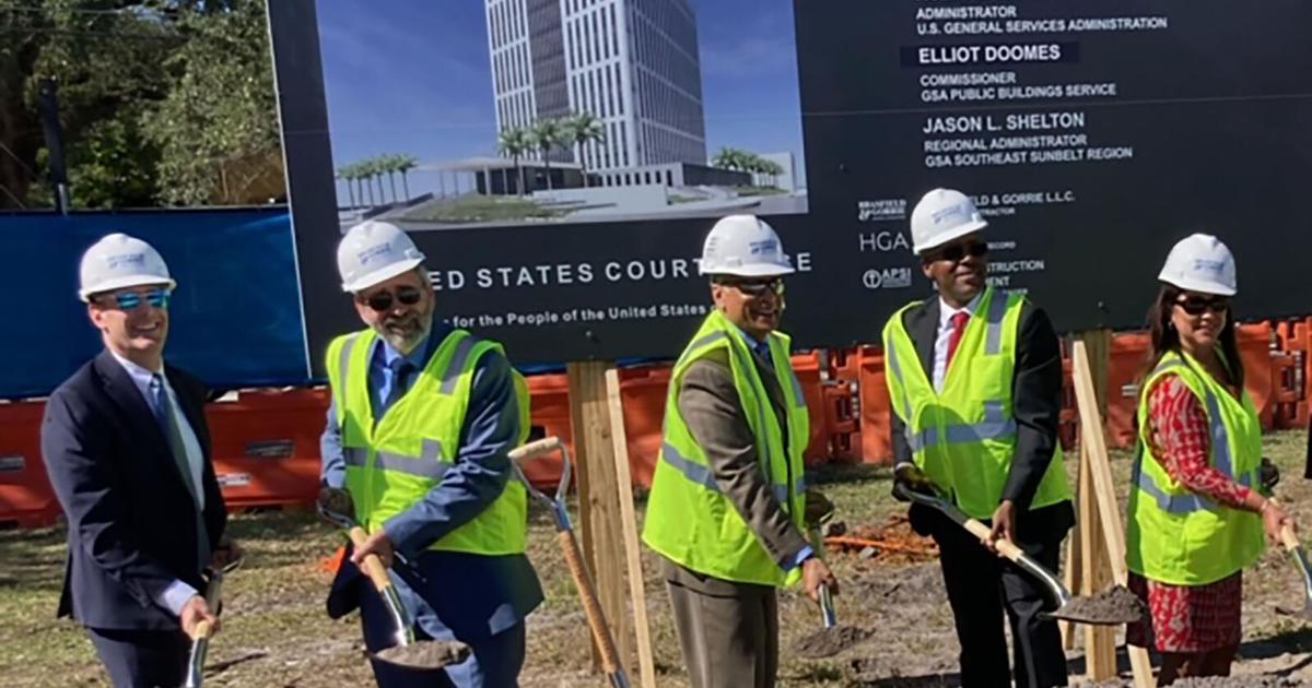 District Judge William Dimitrouleas, second from left, takes part in the 2023 groundbreaking for a long-awaited federal courthouse in Fort Lauderdale, Florida.