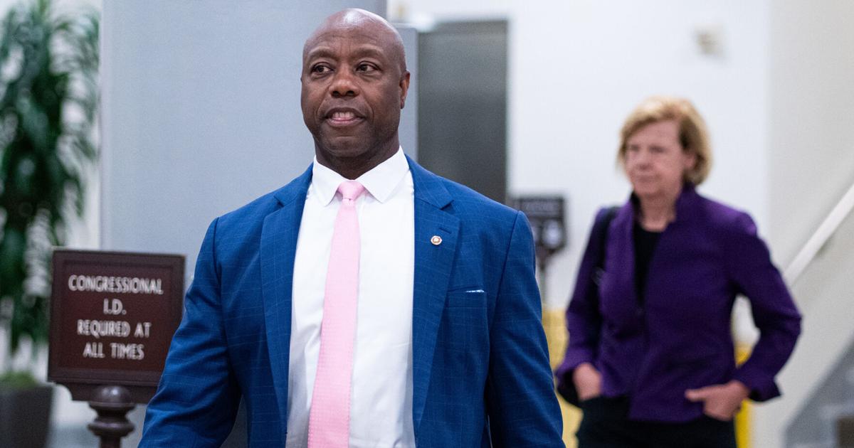 Tim Scott, R- S.C., walks to the Senate subway after a vote in the U.S. Capitol in Washington, D.C., on May 14, 2025.