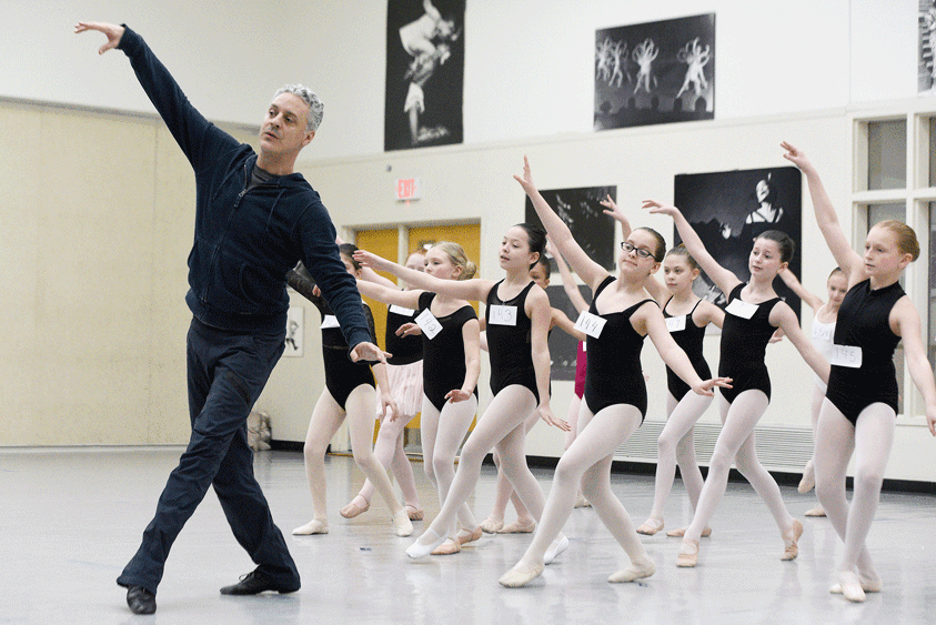 Five young girls wait in line to go auditioning for the School of American  Ballet (SAB), in the New York Borough of Queens, NY, on April 19, 20155.  With no previous dance