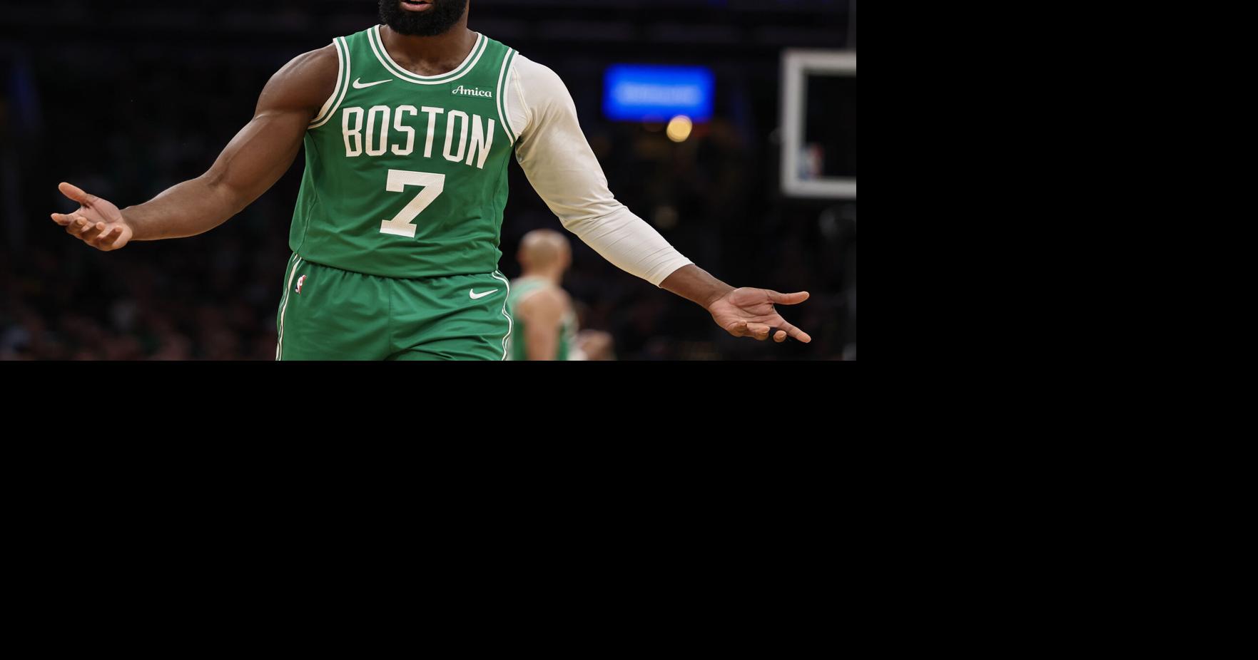 Boston Celtics guard Jaylen Brown reacts to a foul called on him during the second quarter of Game 2 against the Philadelphia 76 ers, April 21, 2026, at TD Garden in Boston.