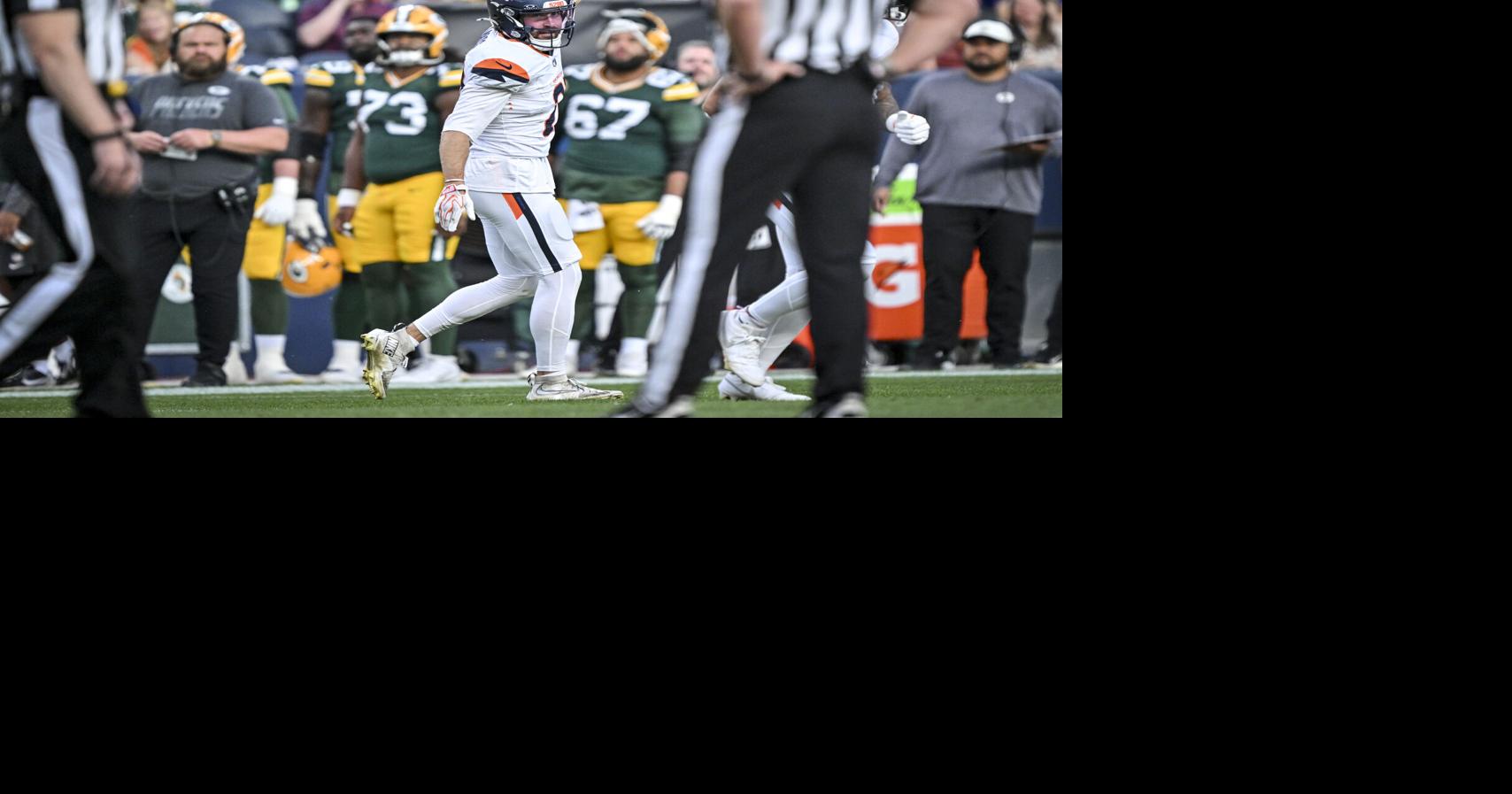 Riley Moss of the Denver Broncos celebrates recovering a fumble against the Green Bay Packers during the first quarter at Empower Field at Mile High in Denver on Friday, Aug. 21, 2026.