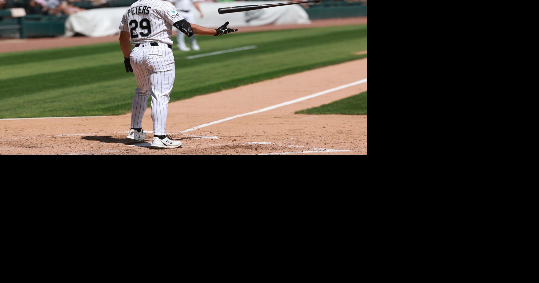 Tristan Peters of the Chicago White Sox reacts to striking out during the sixth inning against the Atlanta Braves at Rate Field on Thursday, Aug. 20, 2026, in Chicago.
