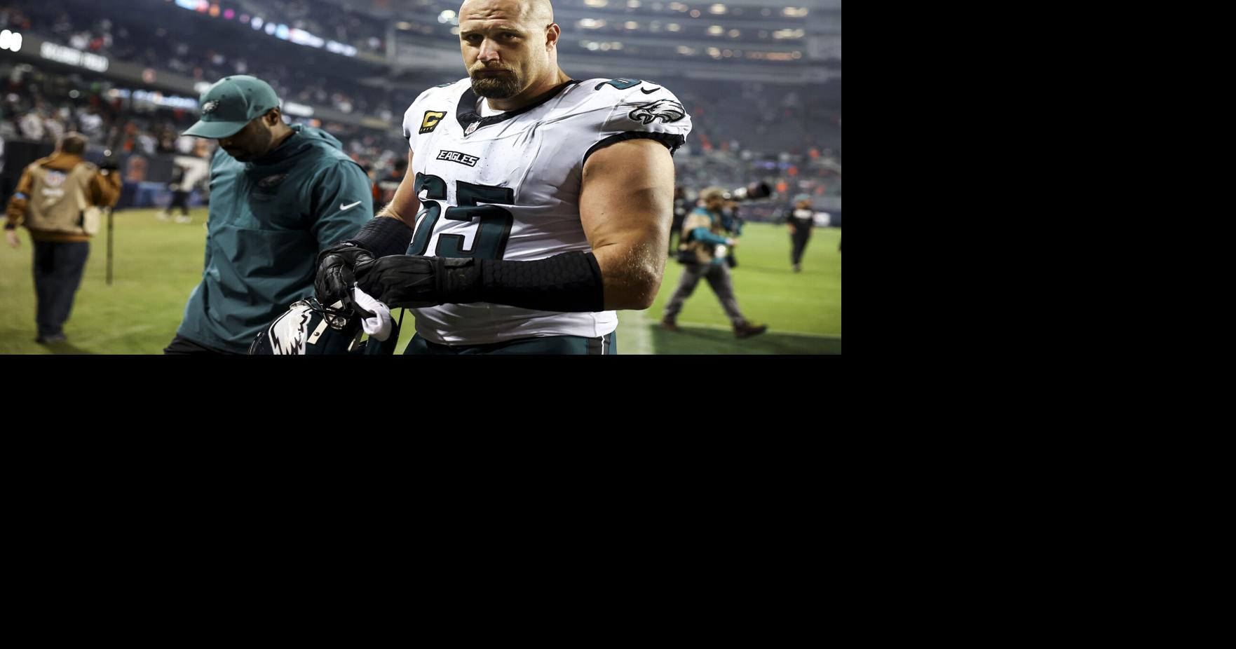 Philadelphia Eagles offensive lineman Lane Johnson after his final NFL game, against the Chicago Bears at Soldier Field on Sept. 28, 2026, in Chicago.