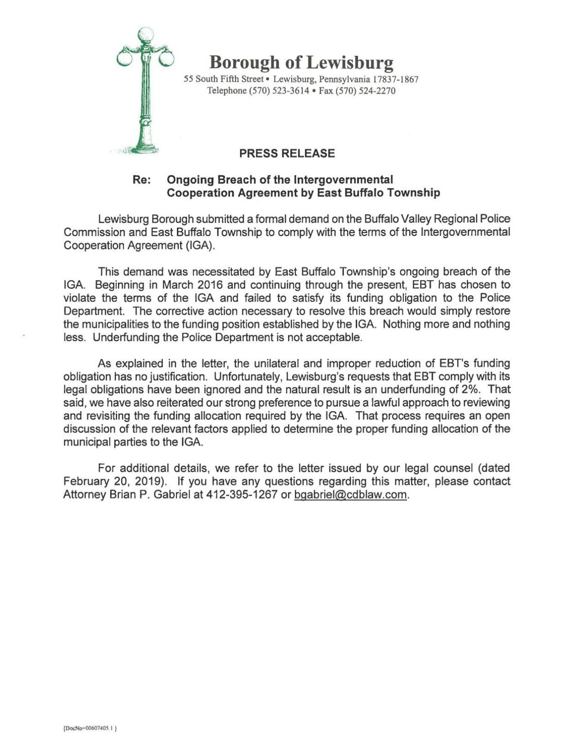 Lewisburg Borough Press Release Regarding Police Iga Pdf Dailyitem Com