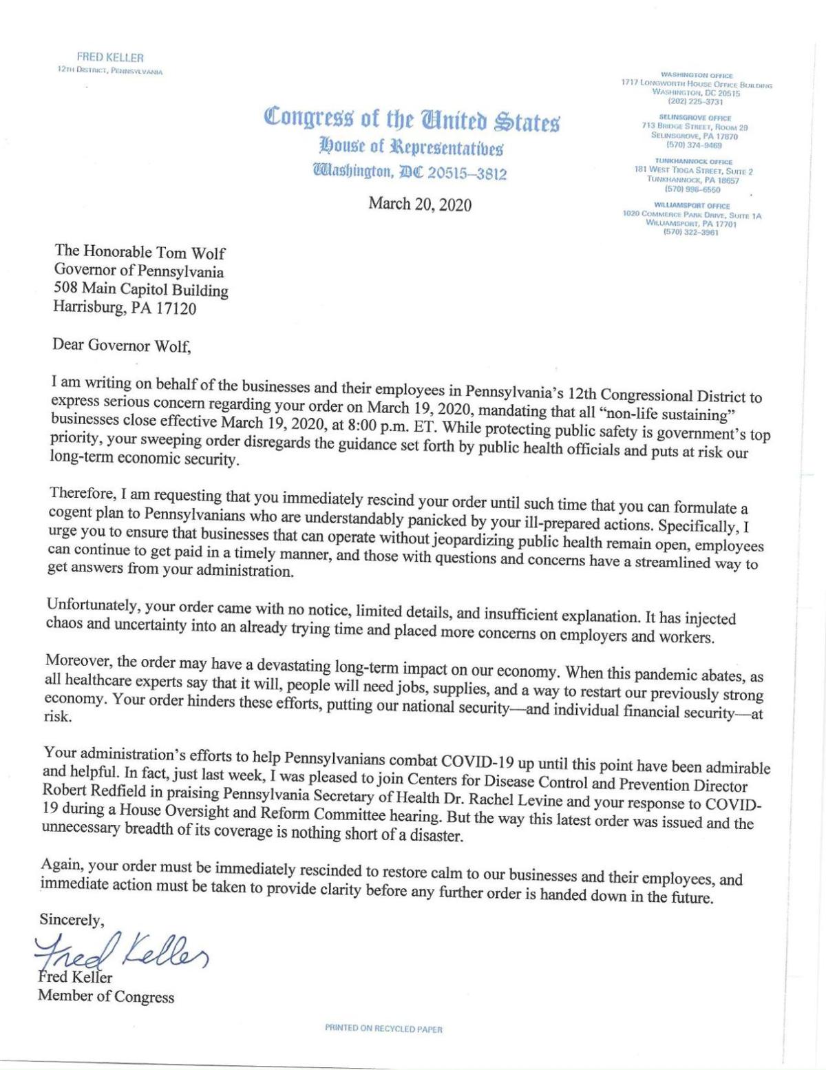 Rep Keller Urges Governor To Rescind Shutdown Order Coronavirus