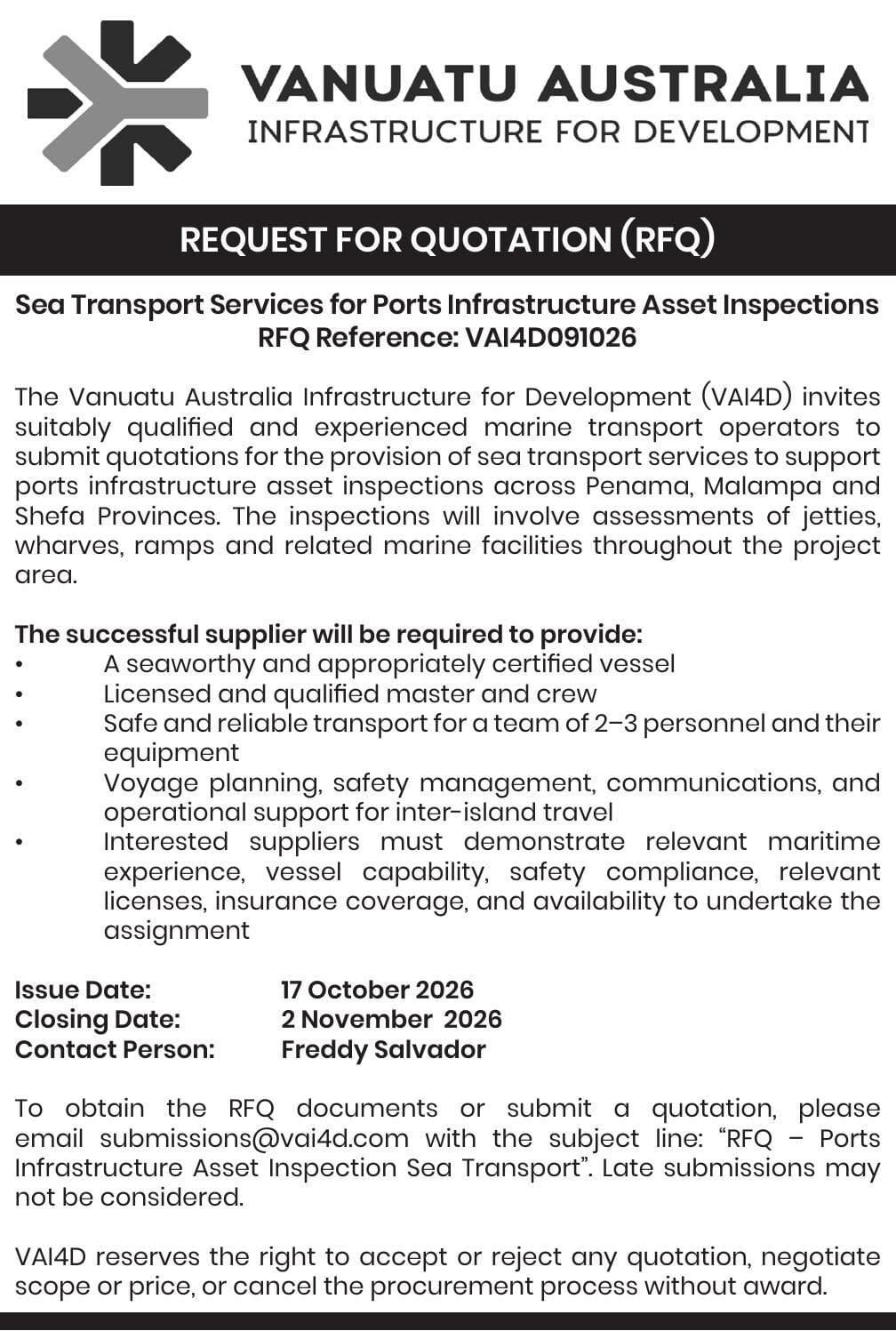 Vanuatu Australia Infrastructure for Development (VAI4D) REQUEST FOR ...