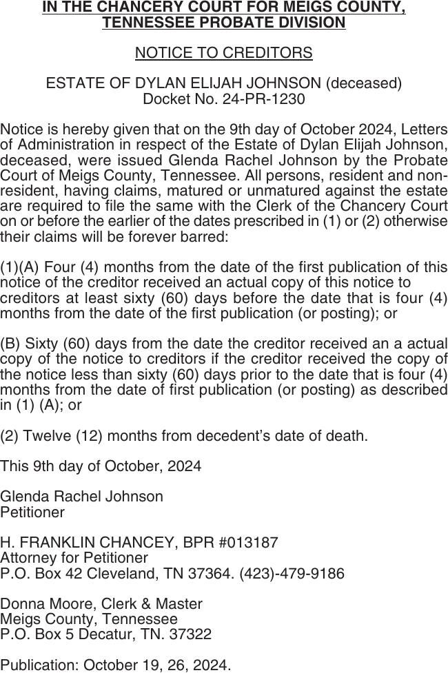 IN THE CHANCERY COURT FOR MEIGS COUNTY, Public Notices