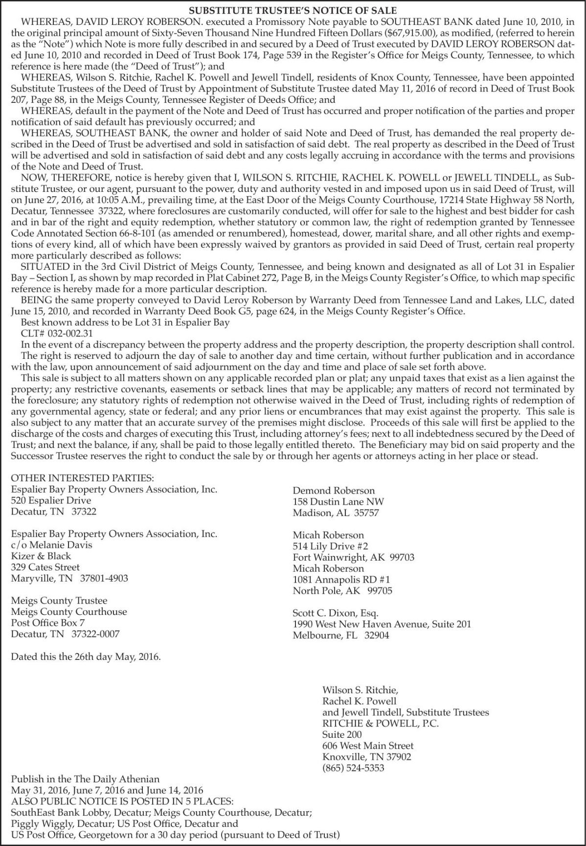 SUBSTITUTE TRUSTEE’S NOTICE OF SALE Legal Announcements