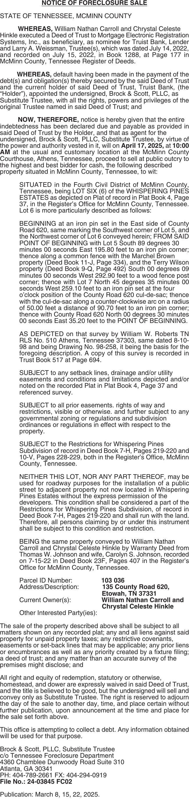 NOTICE OF FORECLOSURE SALE STATE OF | Public Notices ...