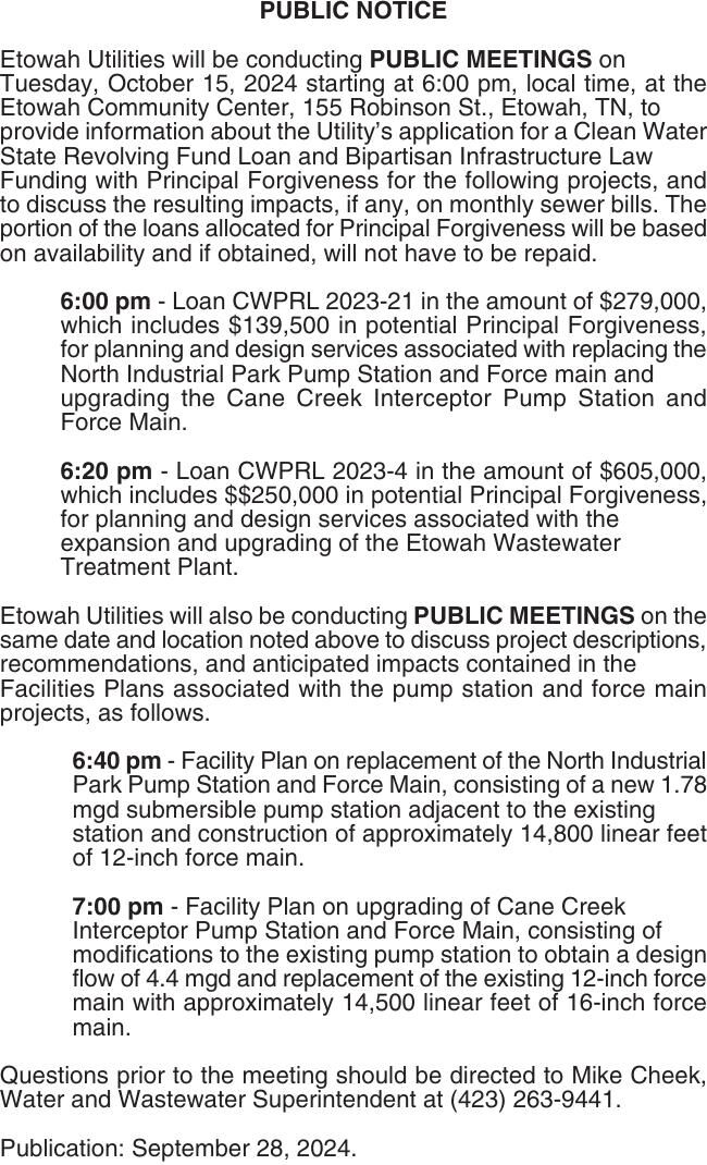 PUBLIC NOTICE Etowah Utilities will be Public Notices