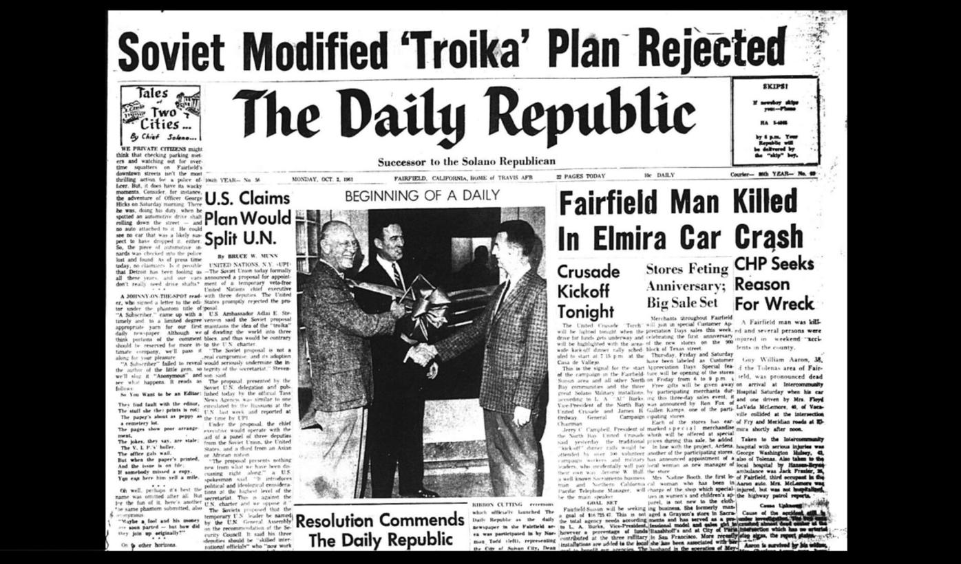 Back in the Day: The first edition of the Daily Republic debuted 62 years  ago today | Local Lifestyle Columns | dailyrepublic.com