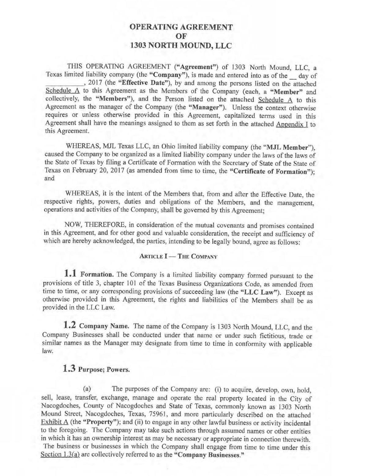 1303 North Mound Llc Operating Agreement Fully Ex Pdf