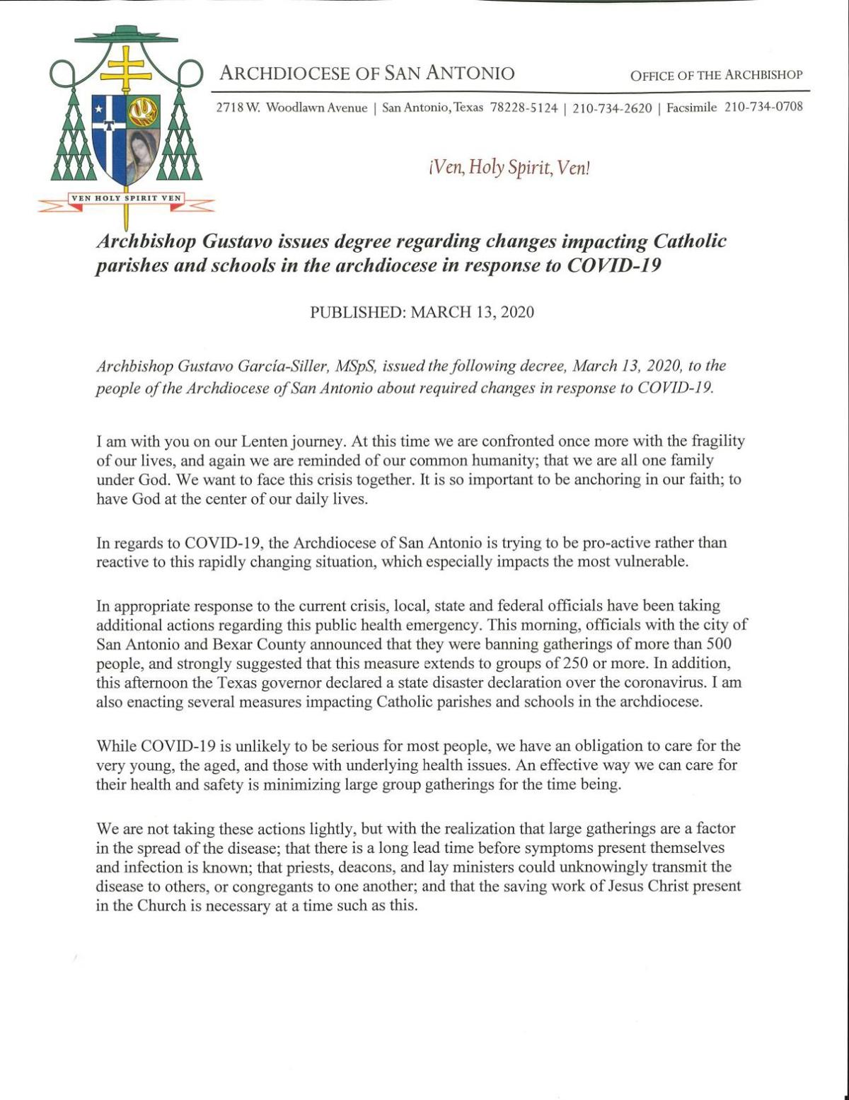 Message From The Archdiocese Of San Antonio Coronavirus Dailytimes Com