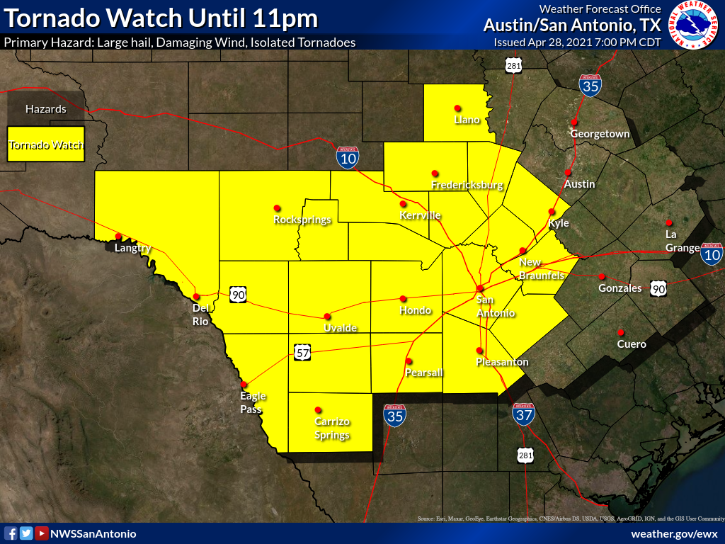 TORNADO WATCH until 11 p.m for the Hill Country area including