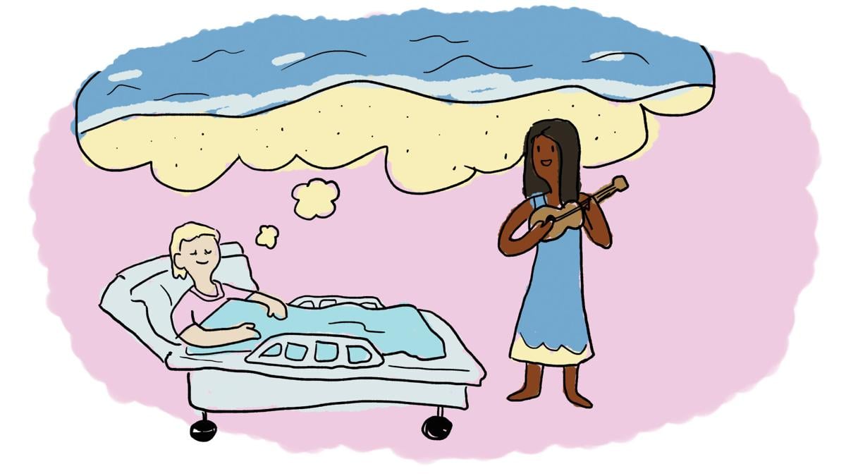 cartoon of patient laying in bed with eyes closed while volunteer plays ukel