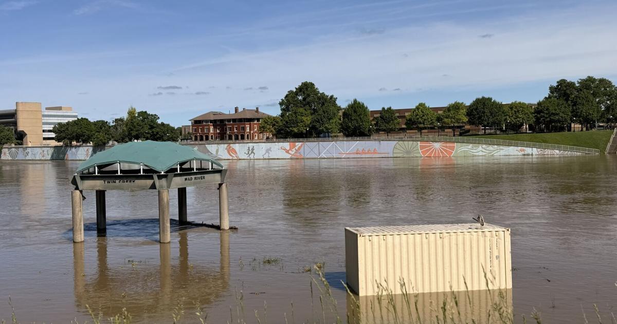 Shipping container washes up at RiverScape after heavy rains