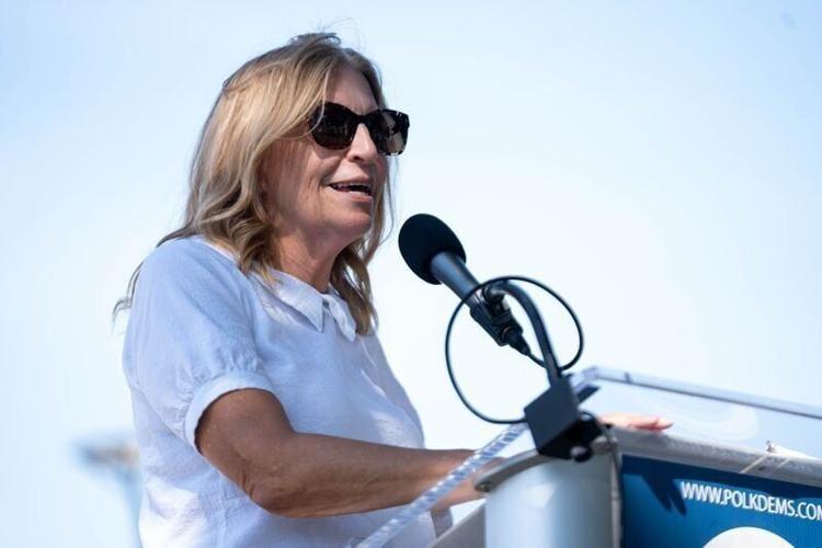 Iowa Democratic Party chair Rita Hart speaks to the 2025 Polk County Democrats’ Steak Fry on Sept. 13, 2025, at Des Moines Water Works Park.