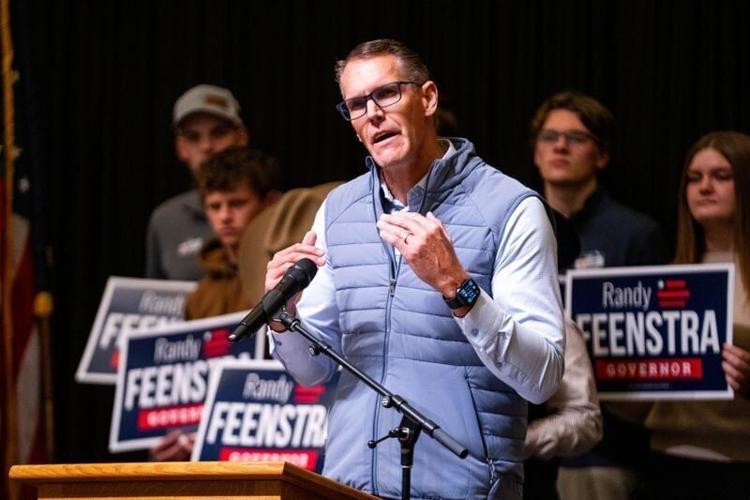 Iowa Republican gubernatorial candidate Randy Feenstra speaks to a crowd of supporters during a campaign launch event on Nov. 10, 2025, at Dordt University in Sioux Center, Iowa.
