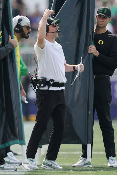 Offensive coordinator Will Stein of the Oregon Ducks looks on during the first half against the Northwestern Wildcats at Northwestern Medicine Field at Martin Stadium on Sept. 13, 2025, in Evanston, Illinois.