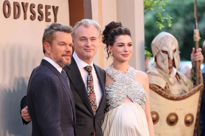 From left to right: Matt Damon, Christopher Nolan and Anne Hathaway attend "The Odyssey" New York Premiere at AMC Lincoln Square Theater on July 14, 2026, in New York City.