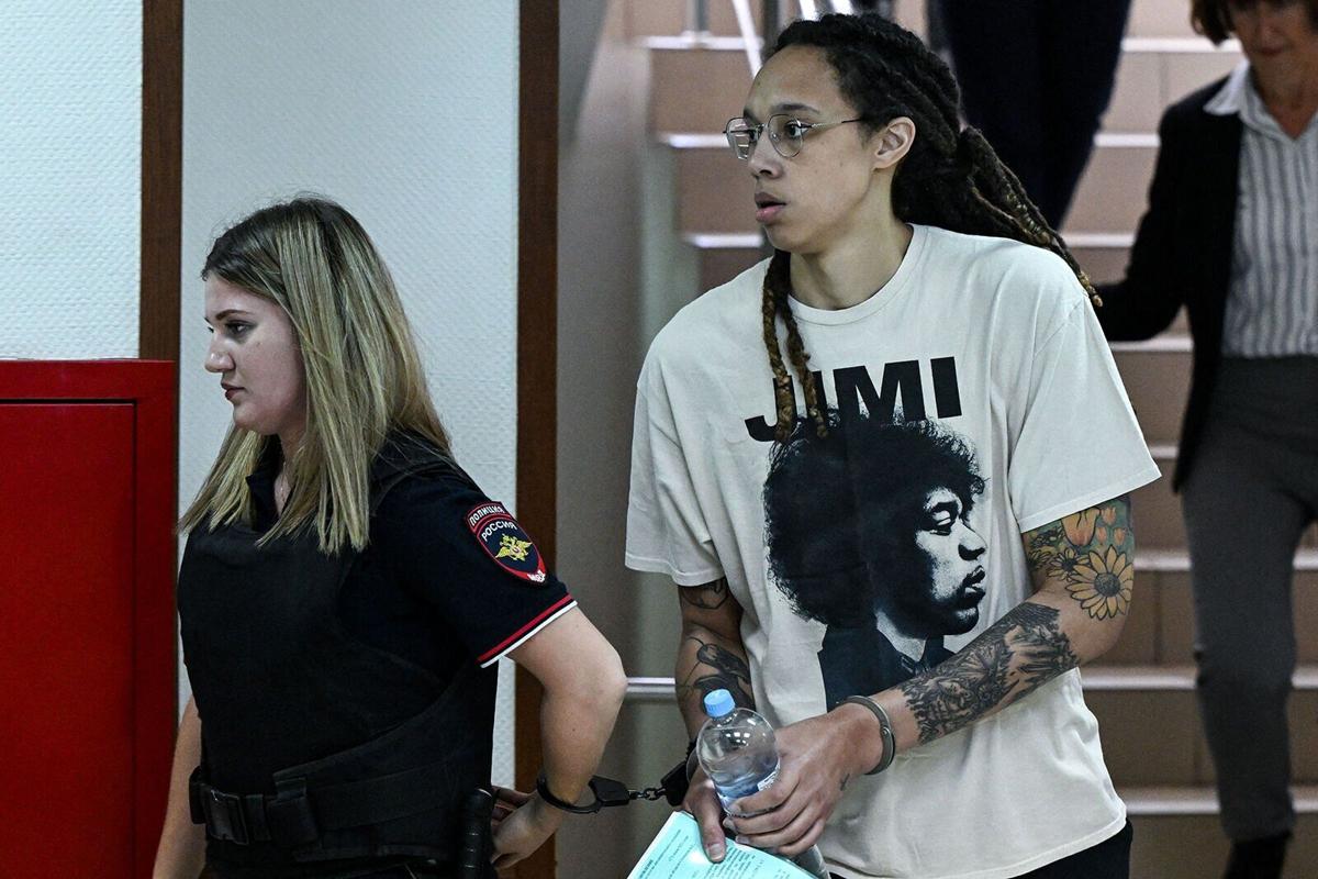 US WNBA basketball superstar Brittney Griner arrives to a hearing at the Khimki Court, outside Moscow on July 1, 2022.