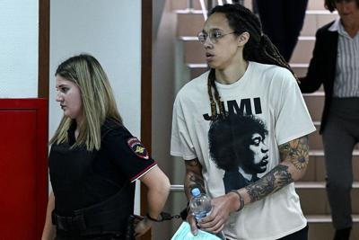 US WNBA basketball superstar Brittney Griner arrives to a hearing at the Khimki Court, outside Moscow on July 1, 2022.