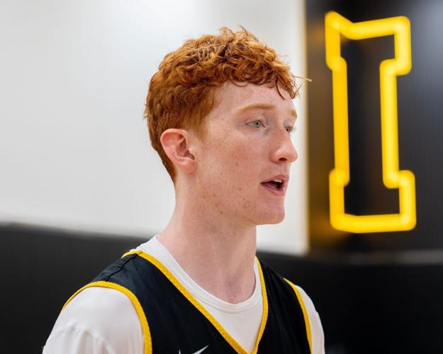 Iowa guard Ethan Harris talks to reporters after an Iowa men’s basketball practice July 15, 2026 at Carver-Hawkeye Arena in Iowa