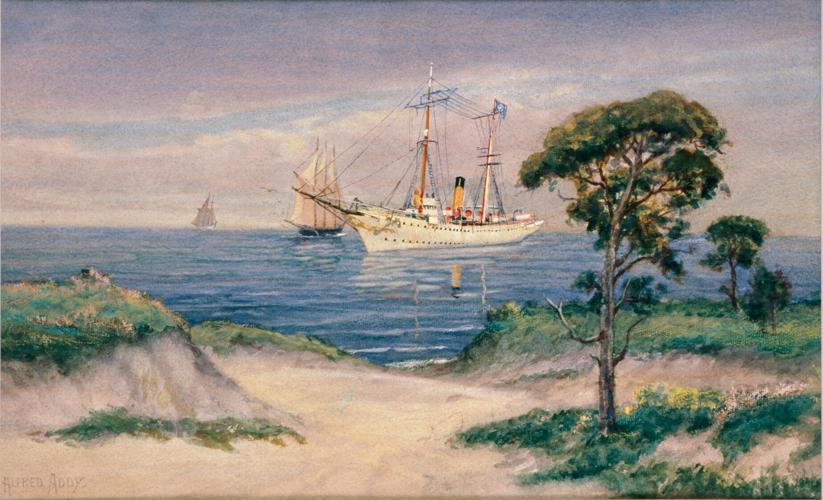 This watercolor by Alfred Addy is of the Presidential yacht, the Mayflower. Originally purchased by the U.S. Navy in 1898, the Mayflower was active during the Spanish-American War.