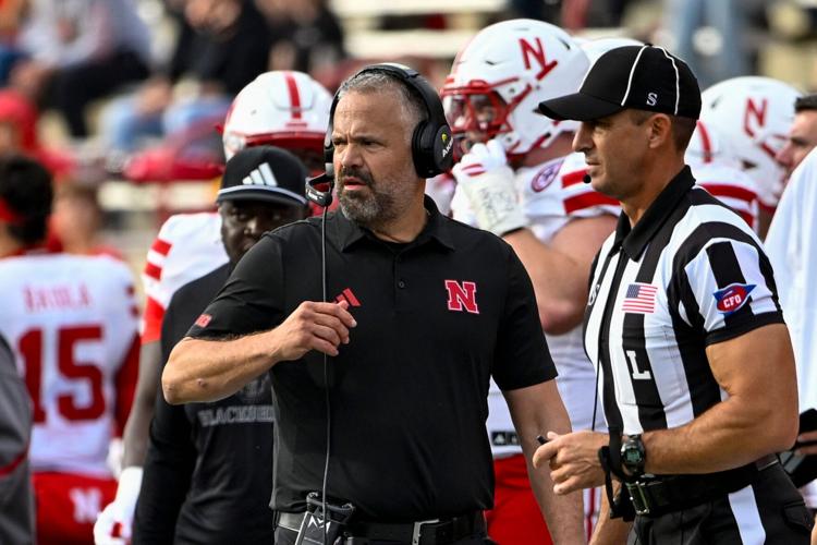 Nebraska football coach Matt Rhule walks the sidelines during his team's game against Maryland at SECU Stadium.