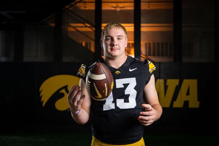 Iowa defensive end Drew Campbell (13) stands for a portrait during Hawkeye football media day, Friday, Aug. 14, 2026, in Iowa