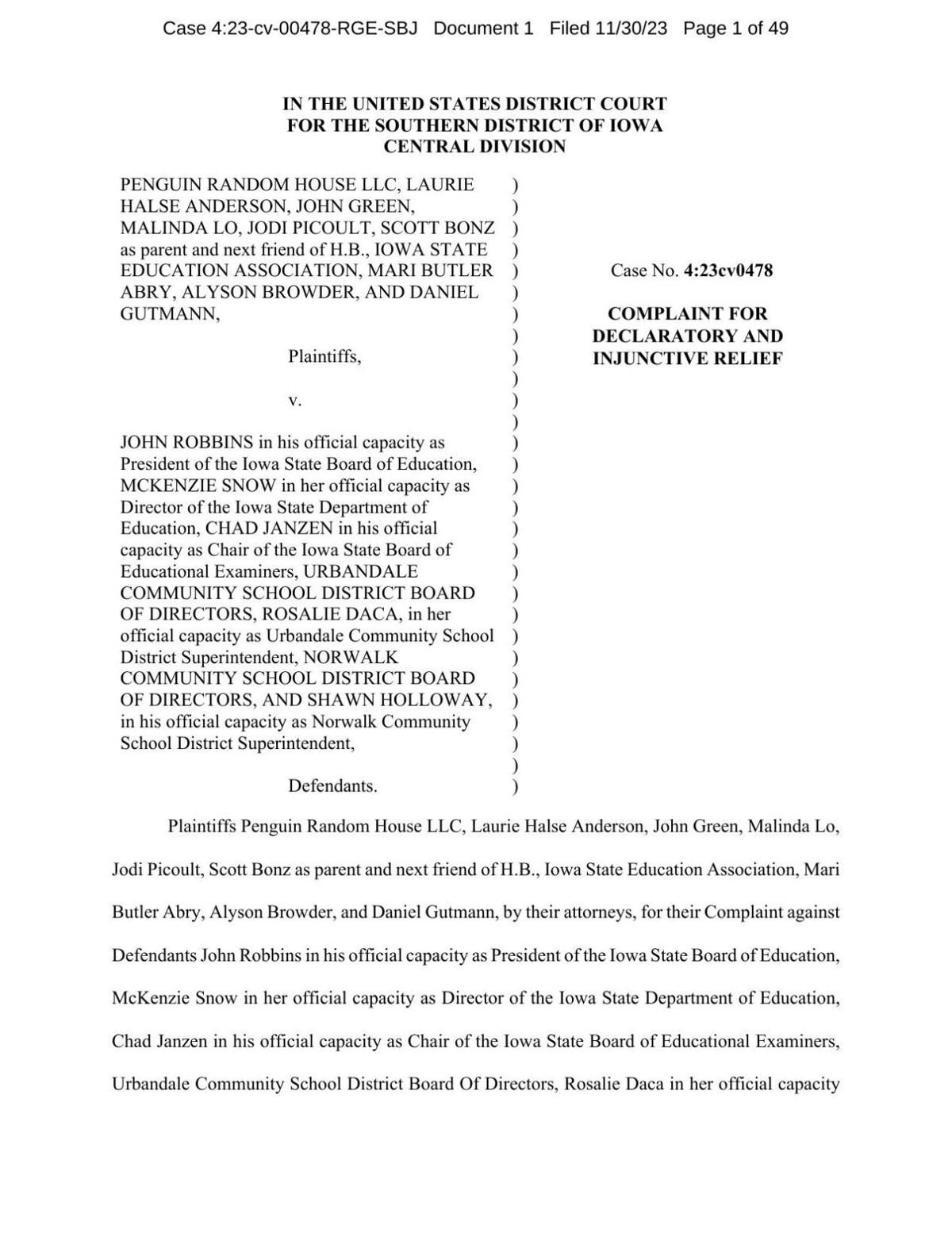 Penguin Random House lawsuit against Iowa Senate File 496