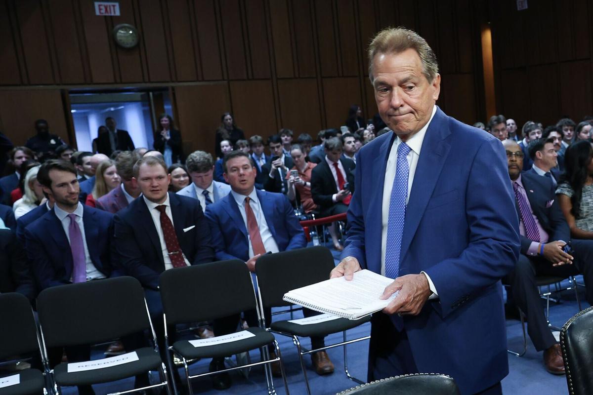 Nick Saban, former head football coach at the University of Alabama, arrives for testimony before the Senate Committee on Commerce, Science, and Transportation in the Hart Senate Office Building on June 3, 2026, in Washington, D.C..