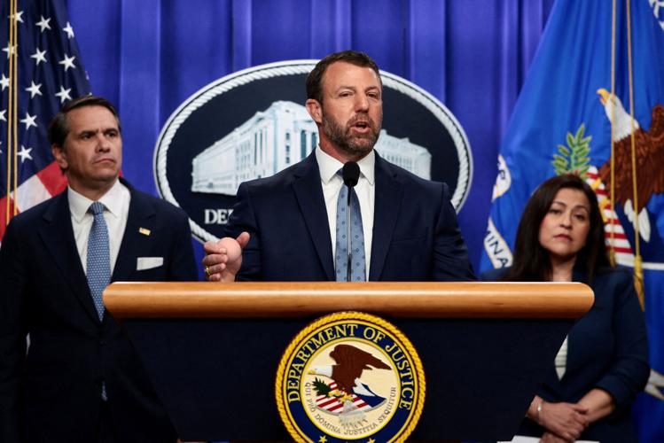 FILE PHOTO: Acting U.S. Attorney General Blanche and Secretary of Homeland Security Mullin hold a press conference on unaccompanied minors and prosecuting their sponsors, in Washington