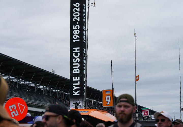 The pylon is lit to honor NASCAR driver Kyle Busch on Friday, May 22, 2026, on Carb Day ahead of the 110th running of the