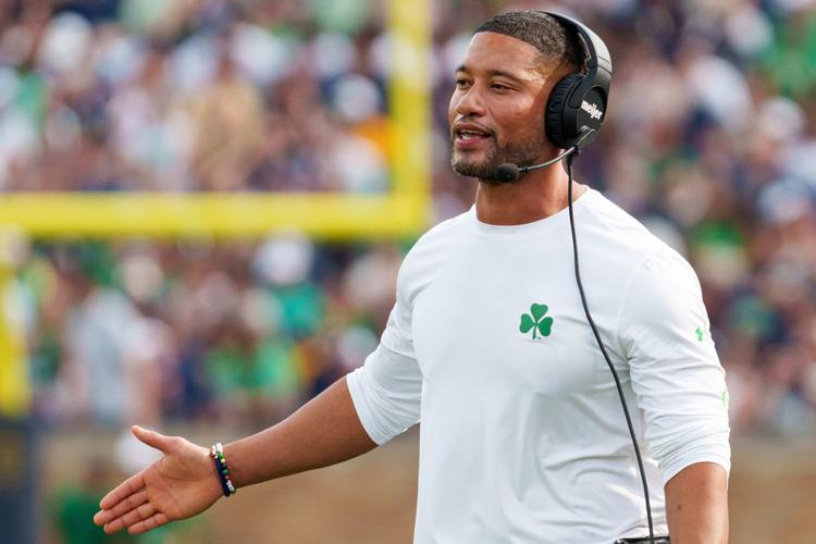 Notre Dame head coach Marcus Freeman during a NCAA football game against Rice at Notre Dame Stadium on Saturday, Sept. 12, 2026,