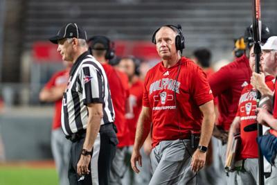 Head coach Dave Doeren of the NC State Wolfpack looks on during the second half of the game against the Richmond Spiders at Carter-Finley Stadium on Sept. 11, 2026, in Raleigh, North Carolina.